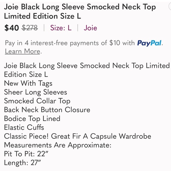 Joie Black Long Sleeve Smocked Neck Top Limited Edition Size L - Picture 13 of 13